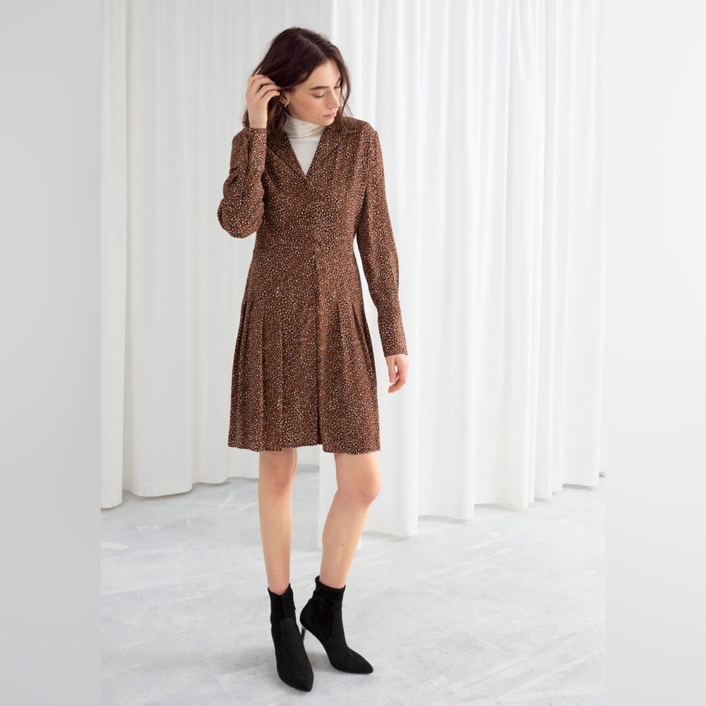 & Other Stories Brown Speckled Mini Dress Size 4 Print Collared Button Front